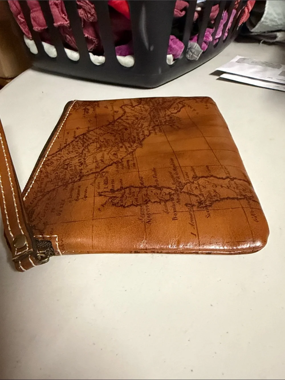 Patricia Nash Tan Cognac Map-Print Leather Zip Wristlet